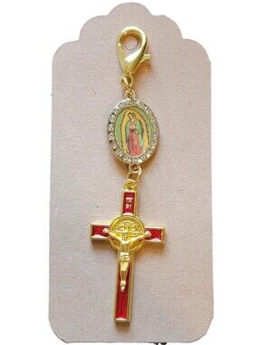 Our Lady of Guadalupe Charm & St Benedict Red Crucifix Zipper Pull  Keychain